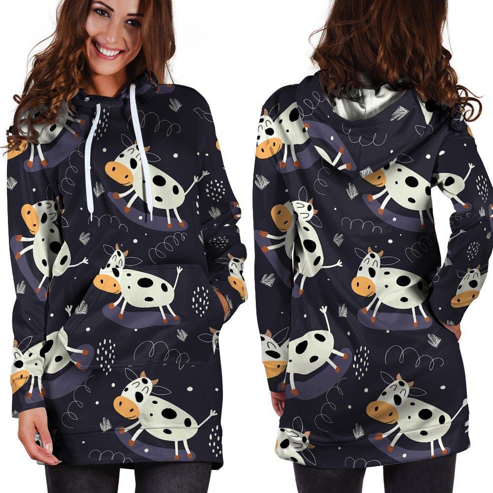 Black Cartoon Cow Print Hoodie Dress-grizzshop