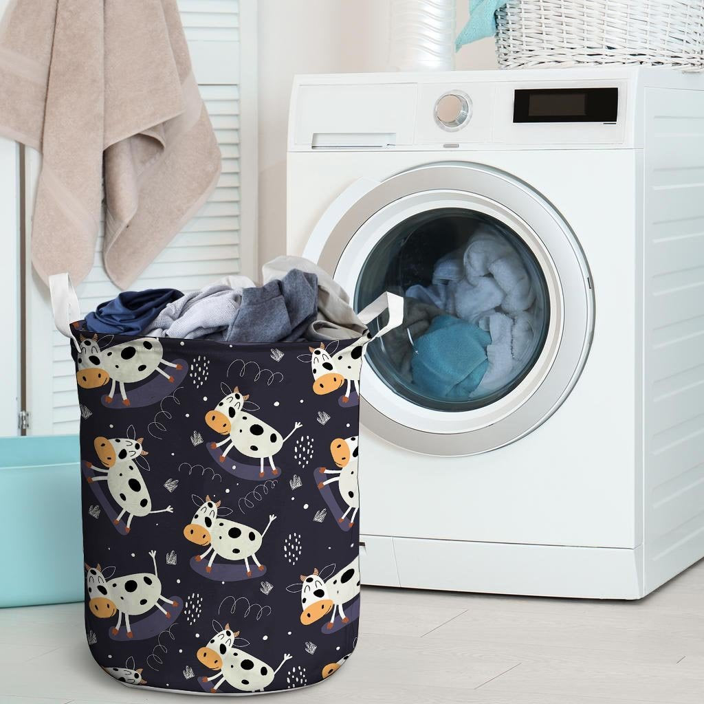 Black Cartoon Cow Print Laundry Basket-grizzshop