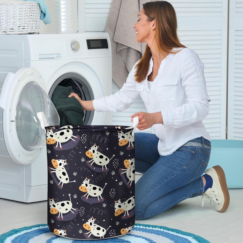 Black Cartoon Cow Print Laundry Basket-grizzshop