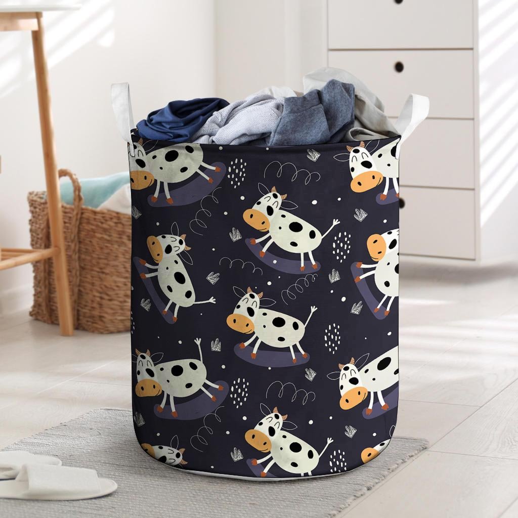 Black Cartoon Cow Print Laundry Basket-grizzshop