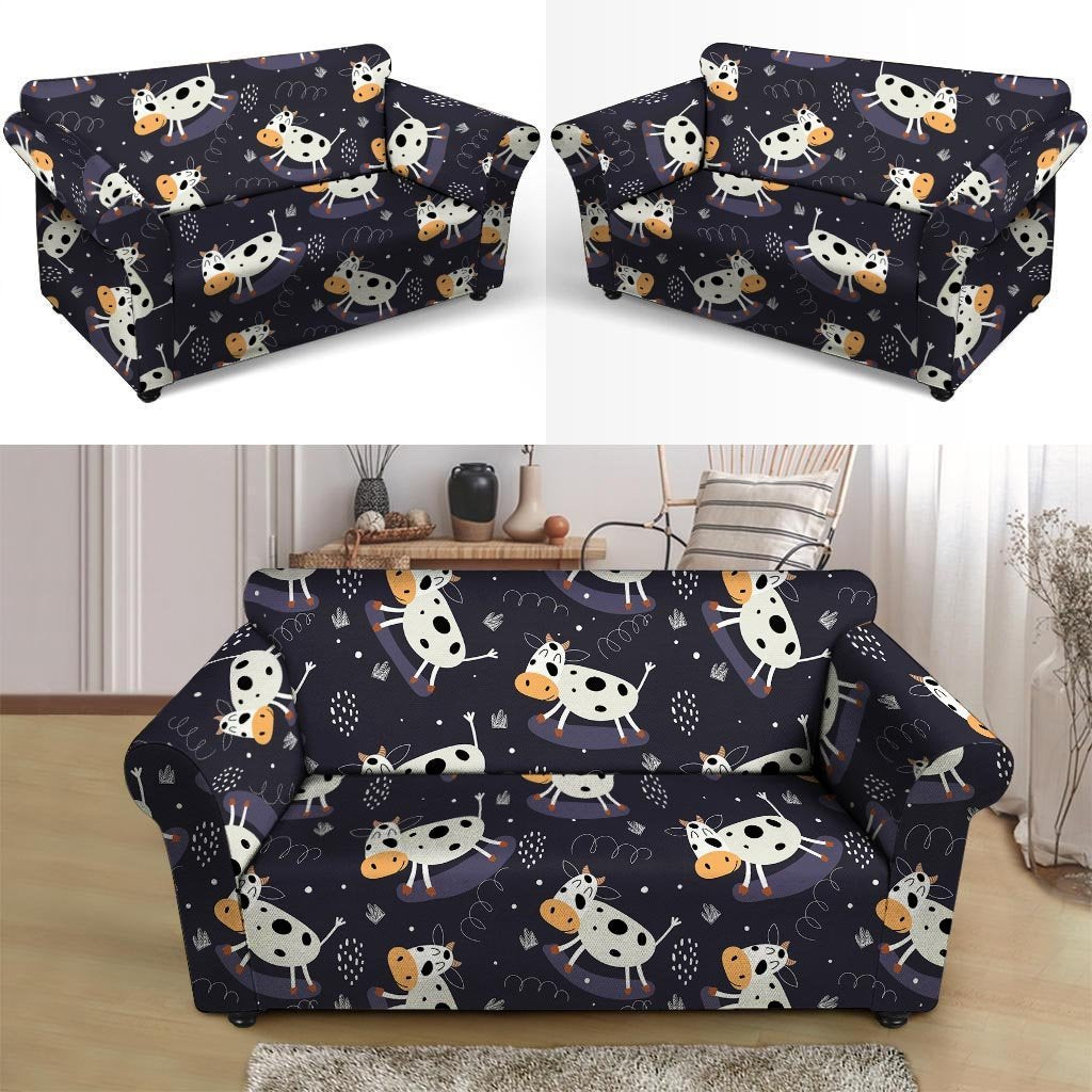 Black Cartoon Cow Print Loveseat Cover-grizzshop