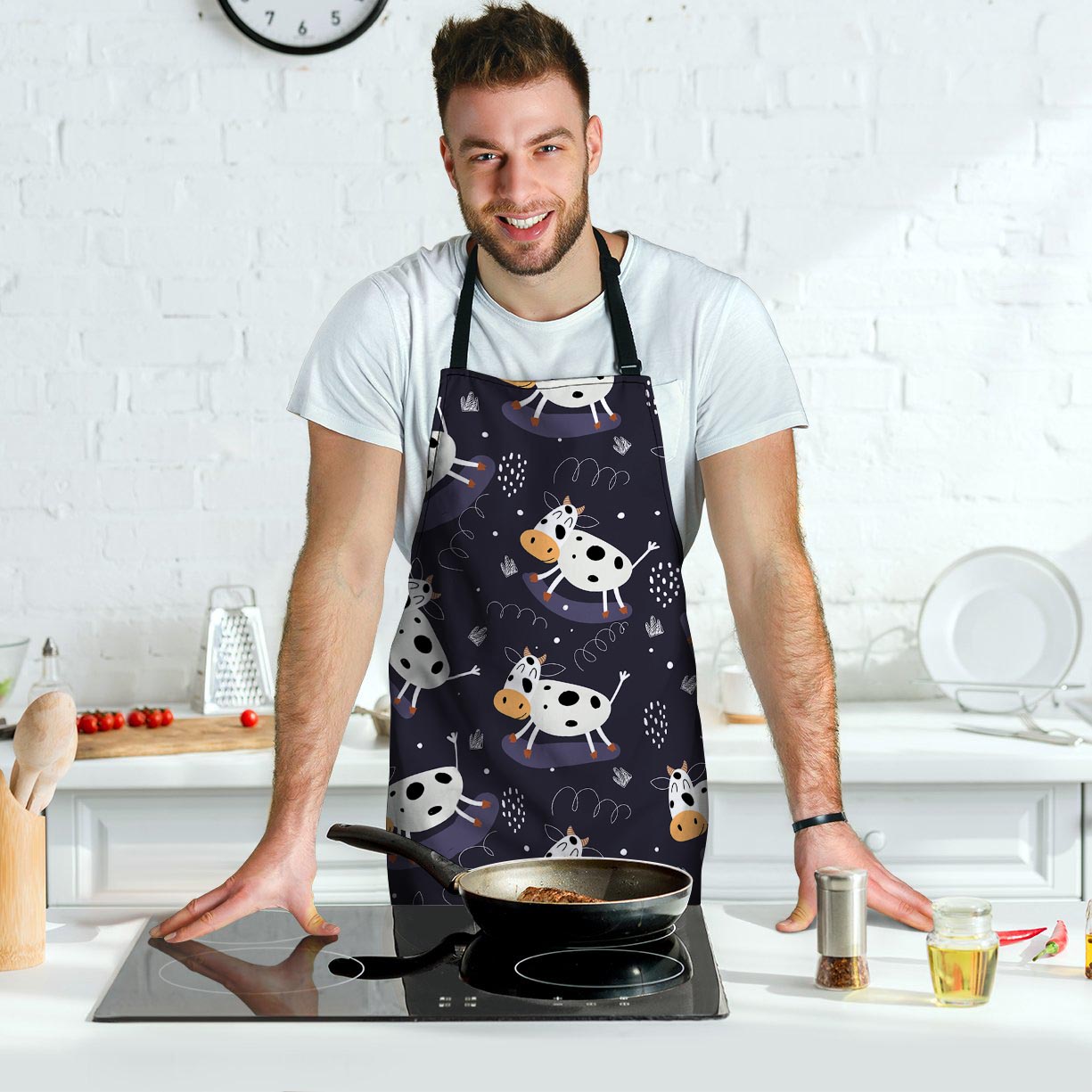 Black Cartoon Cow Print Men's Apron-grizzshop