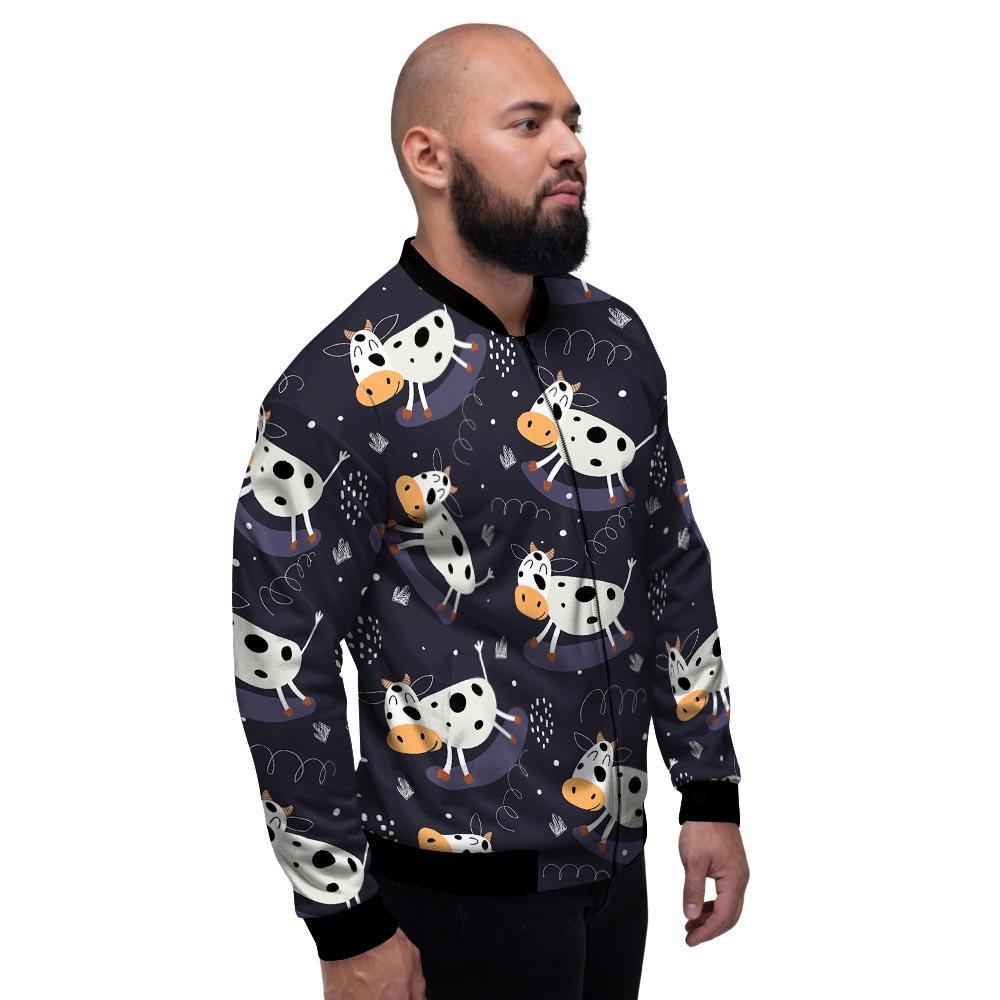 Black Cartoon Cow Print Men's Bomber Jacket-grizzshop