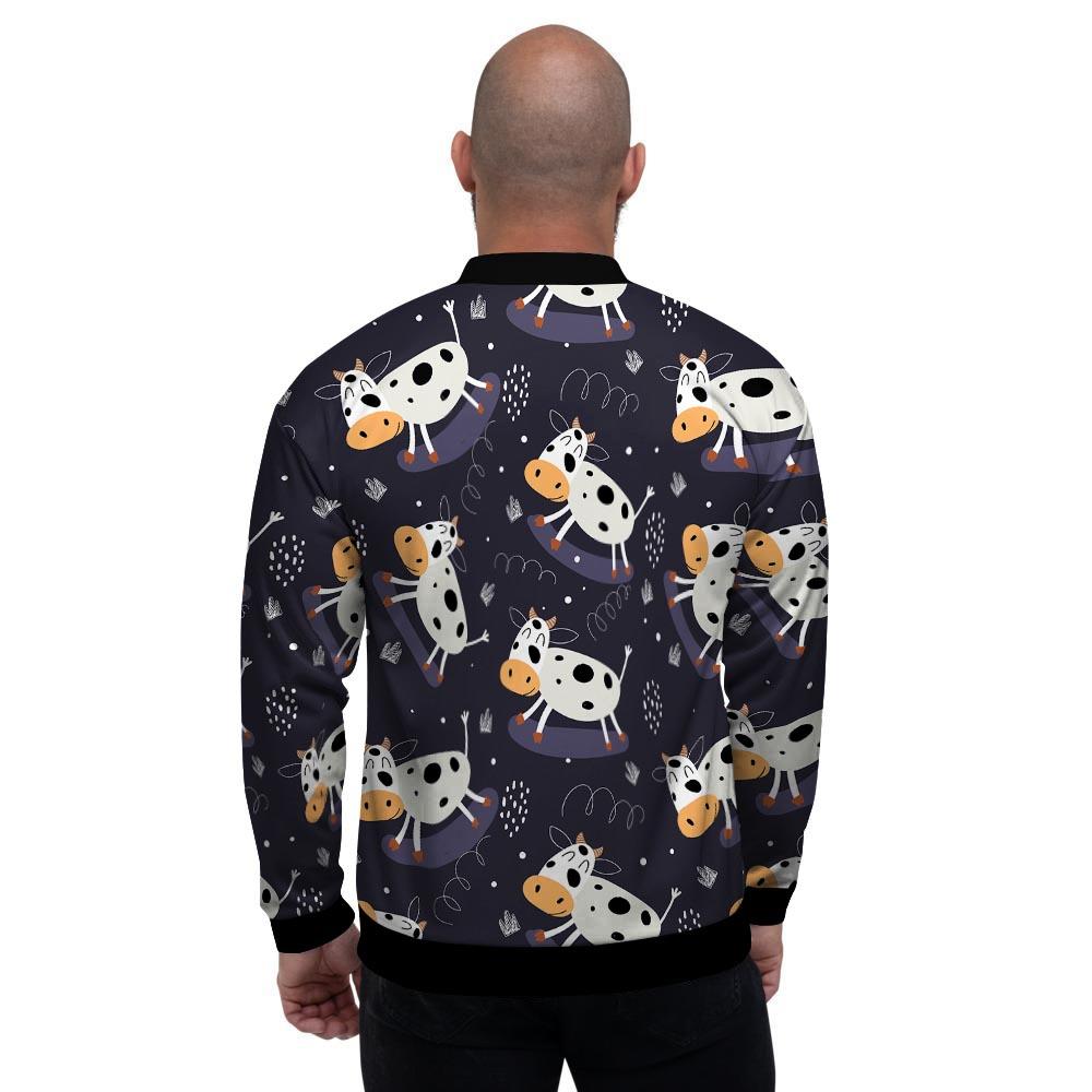 Black Cartoon Cow Print Men's Bomber Jacket-grizzshop