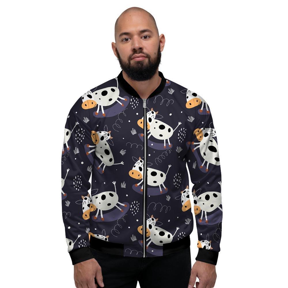 Black Cartoon Cow Print Men's Bomber Jacket-grizzshop