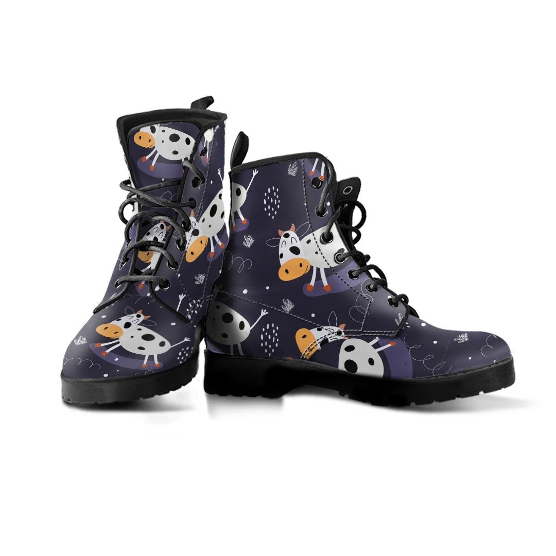 Black Cartoon Cow Print Men's Boots-grizzshop