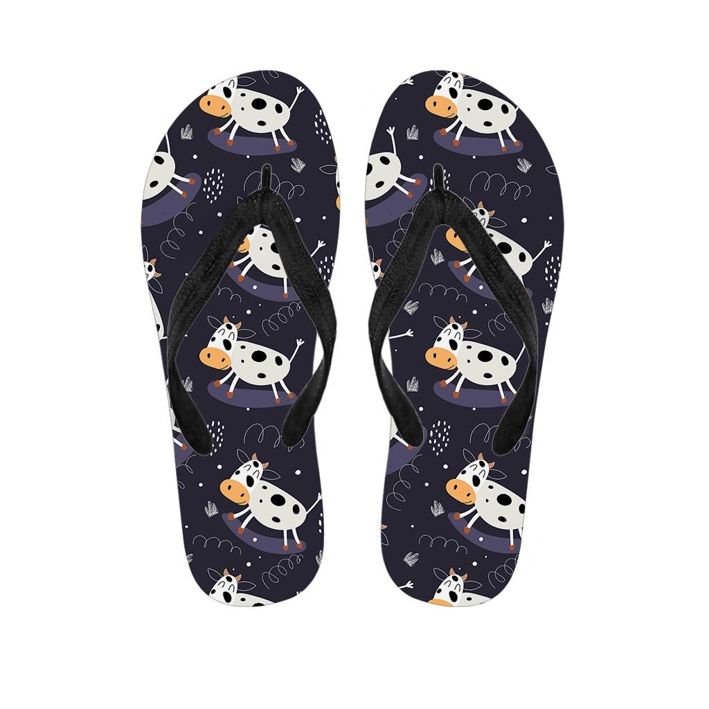 Black Cartoon Cow Print Men's Flip Flops-grizzshop