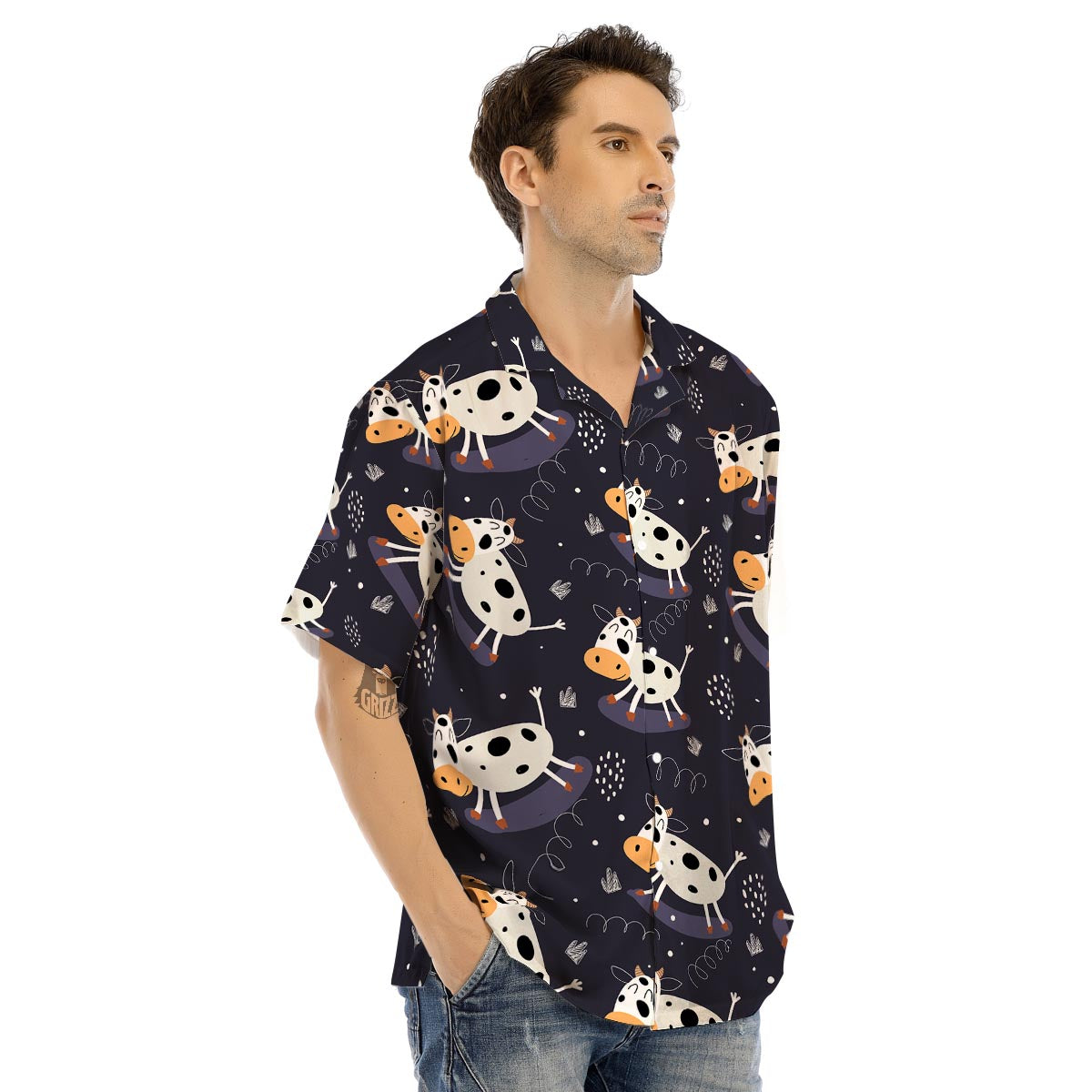 Black Cartoon Cow Print Men’s Hawaiian Shirt-grizzshop