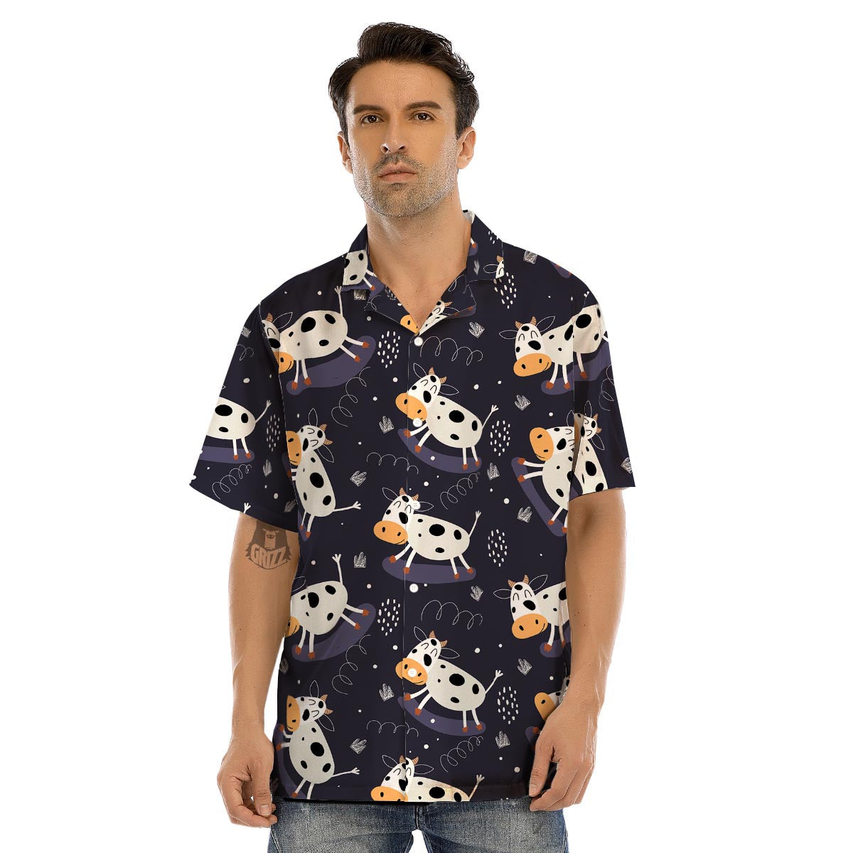 Black Cartoon Cow Print Men’s Hawaiian Shirt-grizzshop