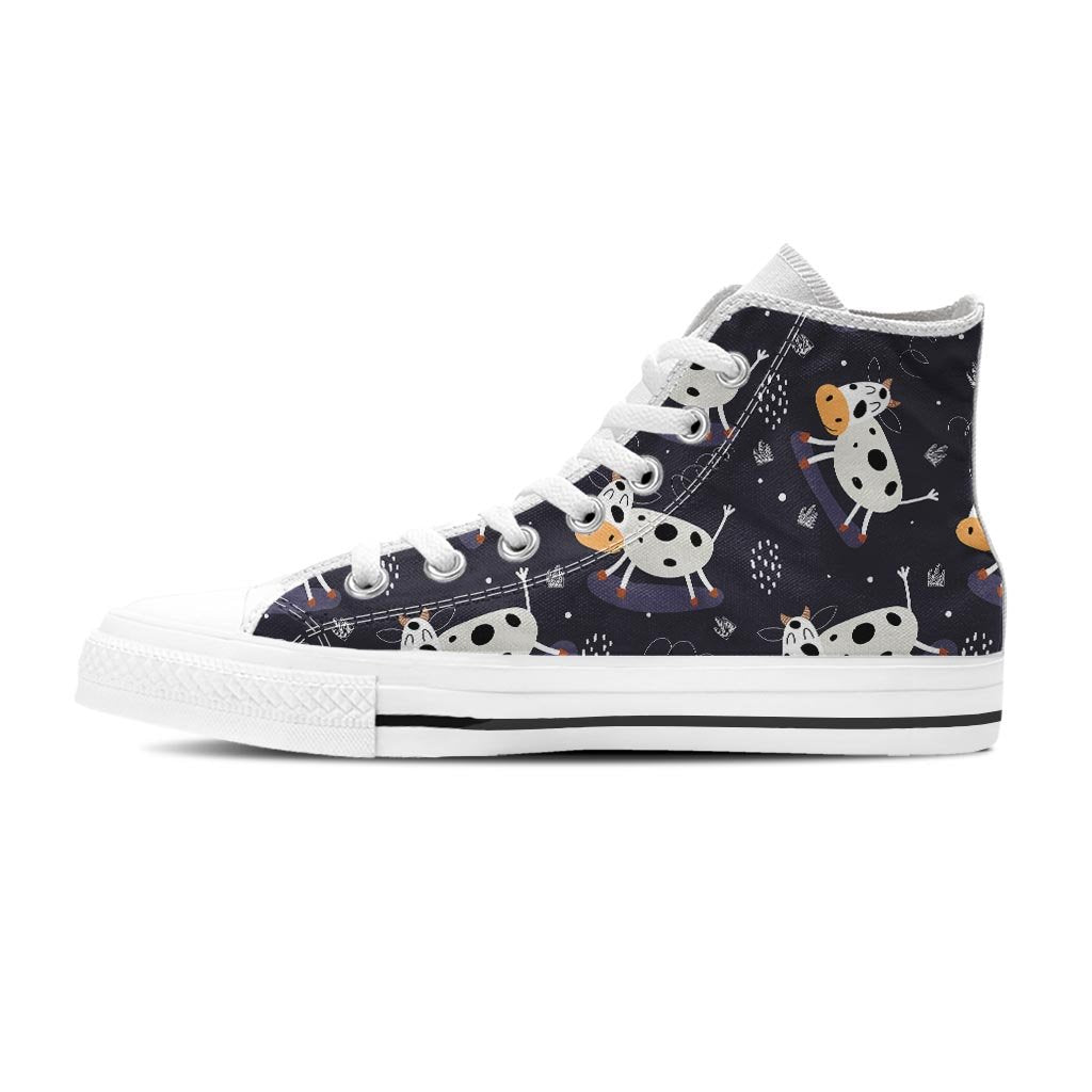 Black Cartoon Cow Print Men's High Top Shoes-grizzshop