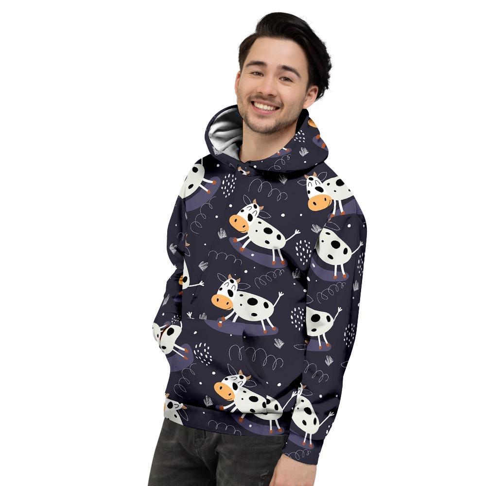 Black Cartoon Cow Print Men's Hoodie-grizzshop