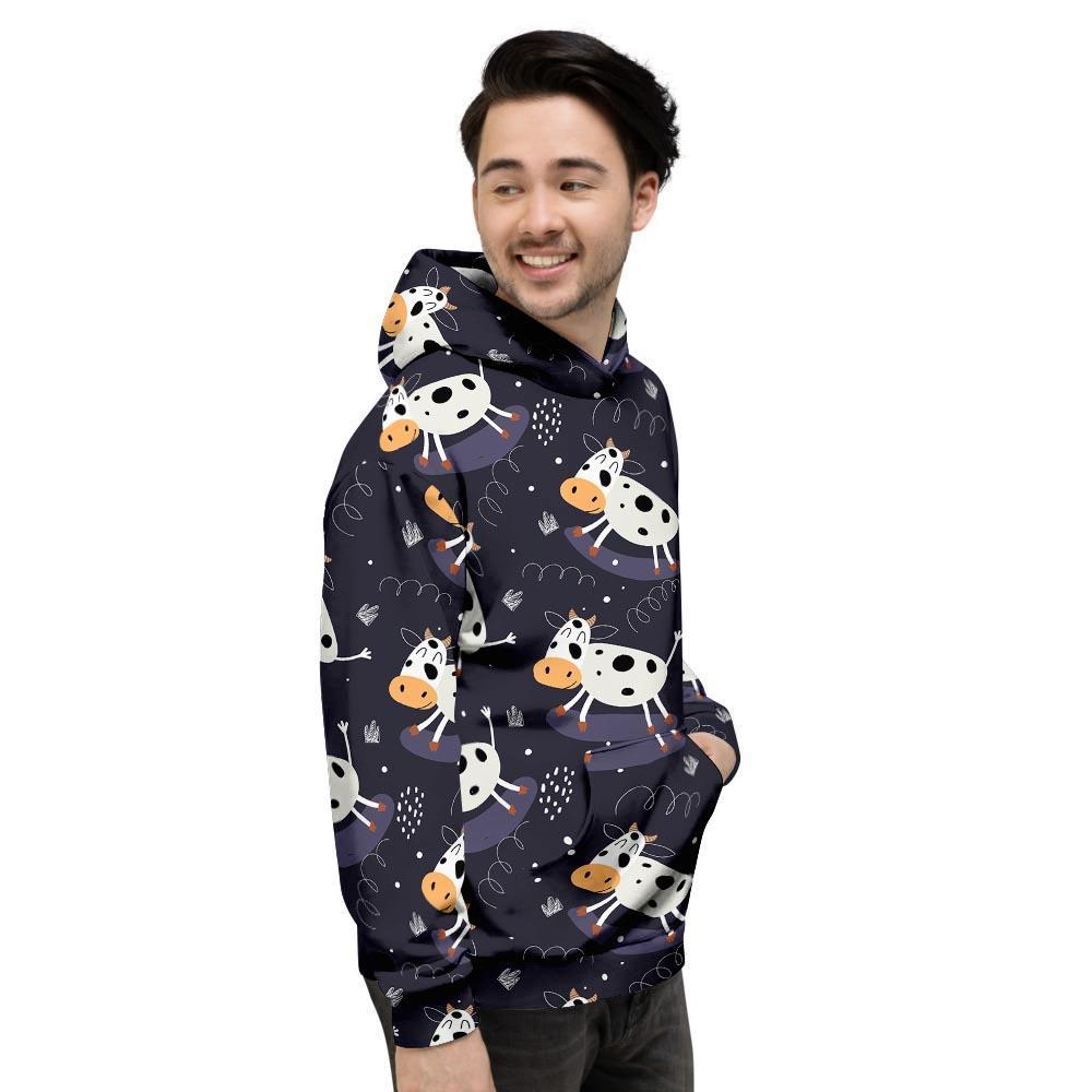 Black Cartoon Cow Print Men's Hoodie-grizzshop