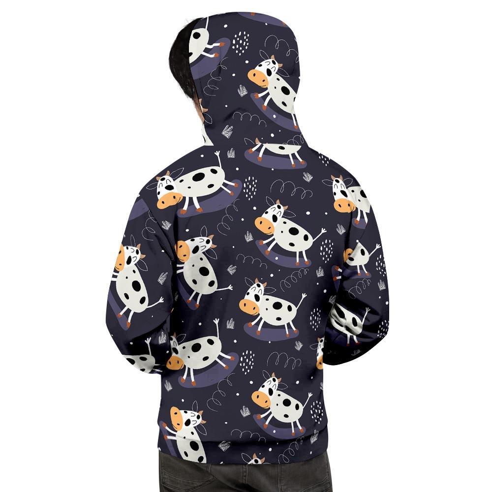 Black Cartoon Cow Print Men's Hoodie-grizzshop