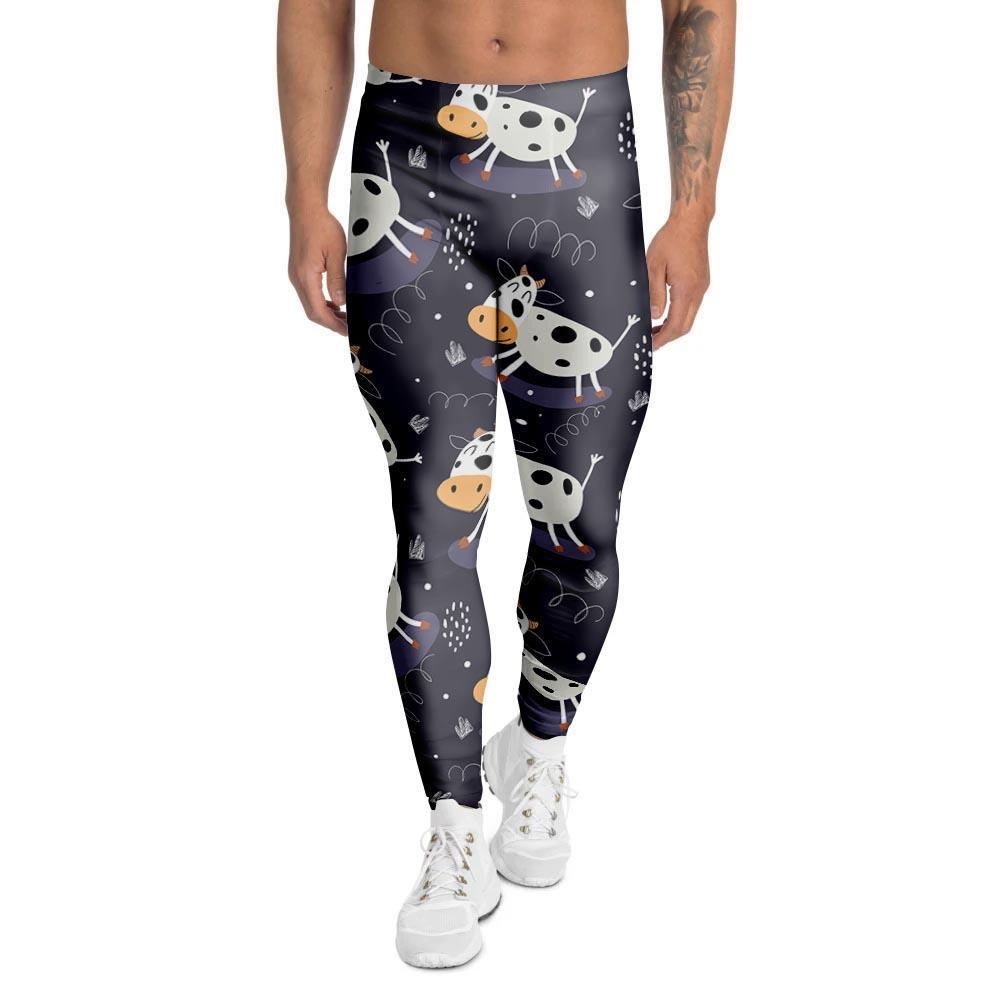 Black Cartoon Cow Print Men's Leggings-grizzshop