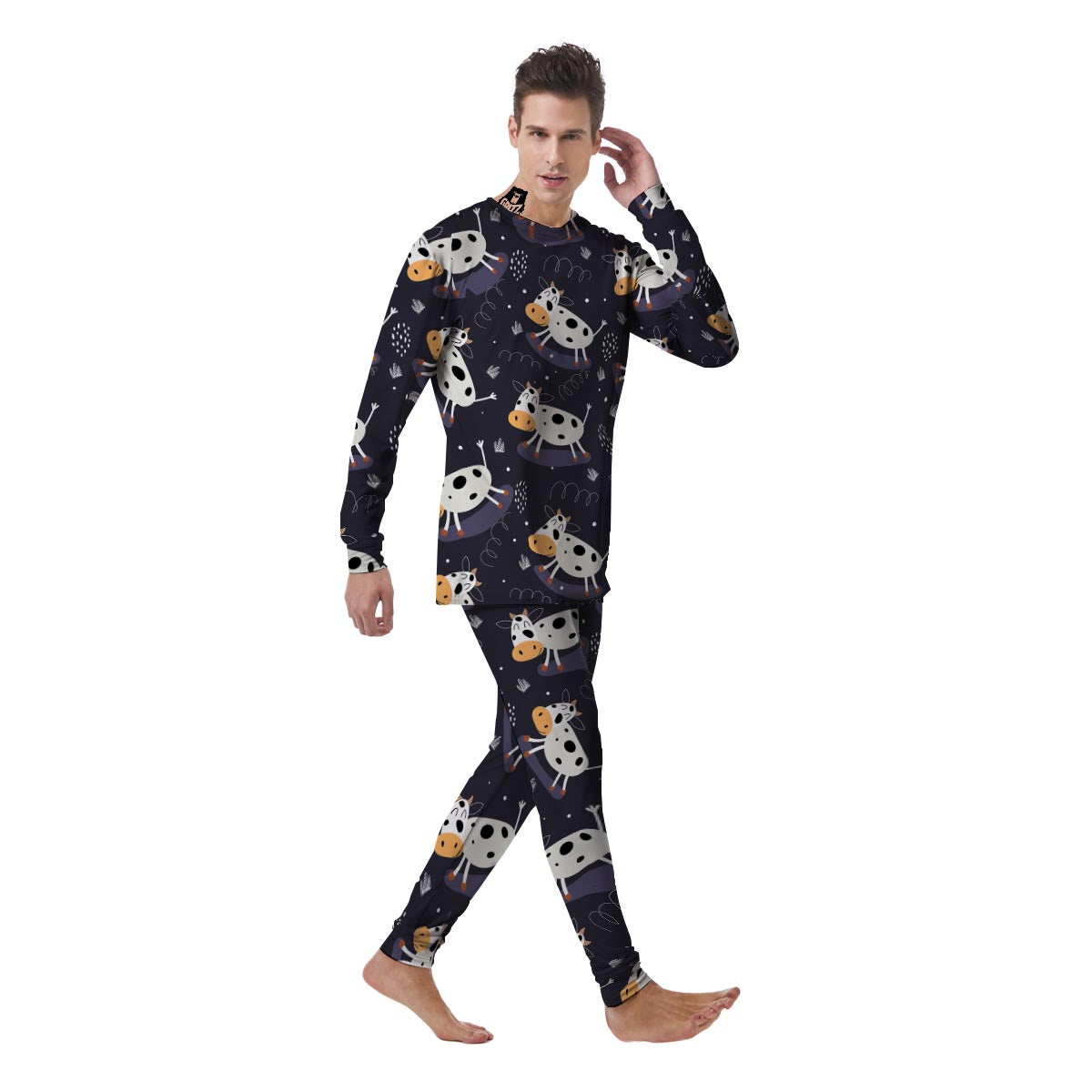 Black Cartoon Cow Print Men's Pajamas-grizzshop