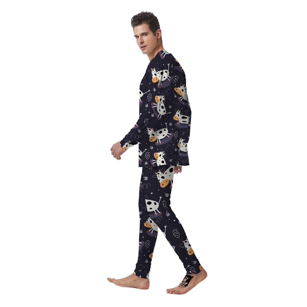 Black Cartoon Cow Print Men's Pajamas-grizzshop