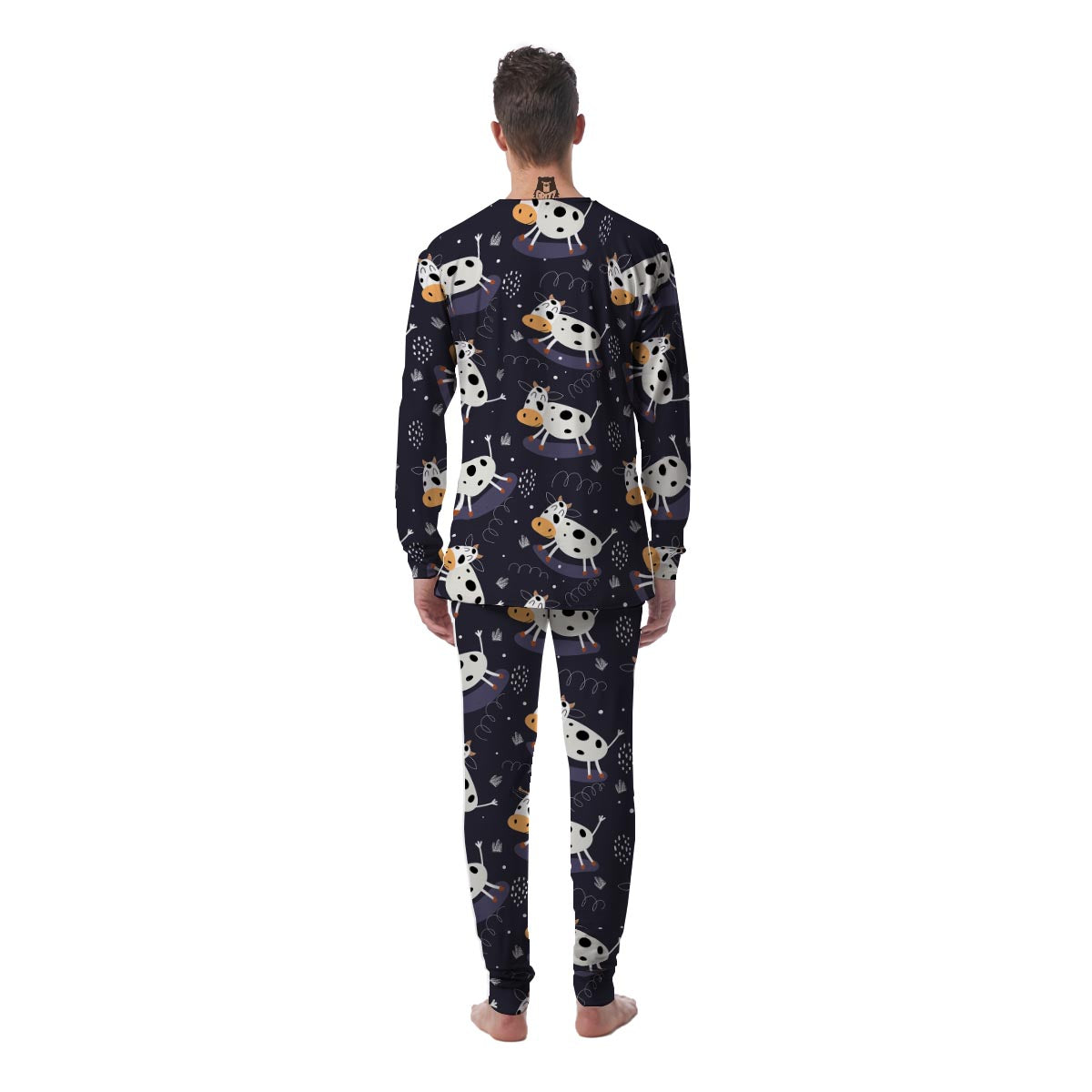 Black Cartoon Cow Print Men's Pajamas-grizzshop