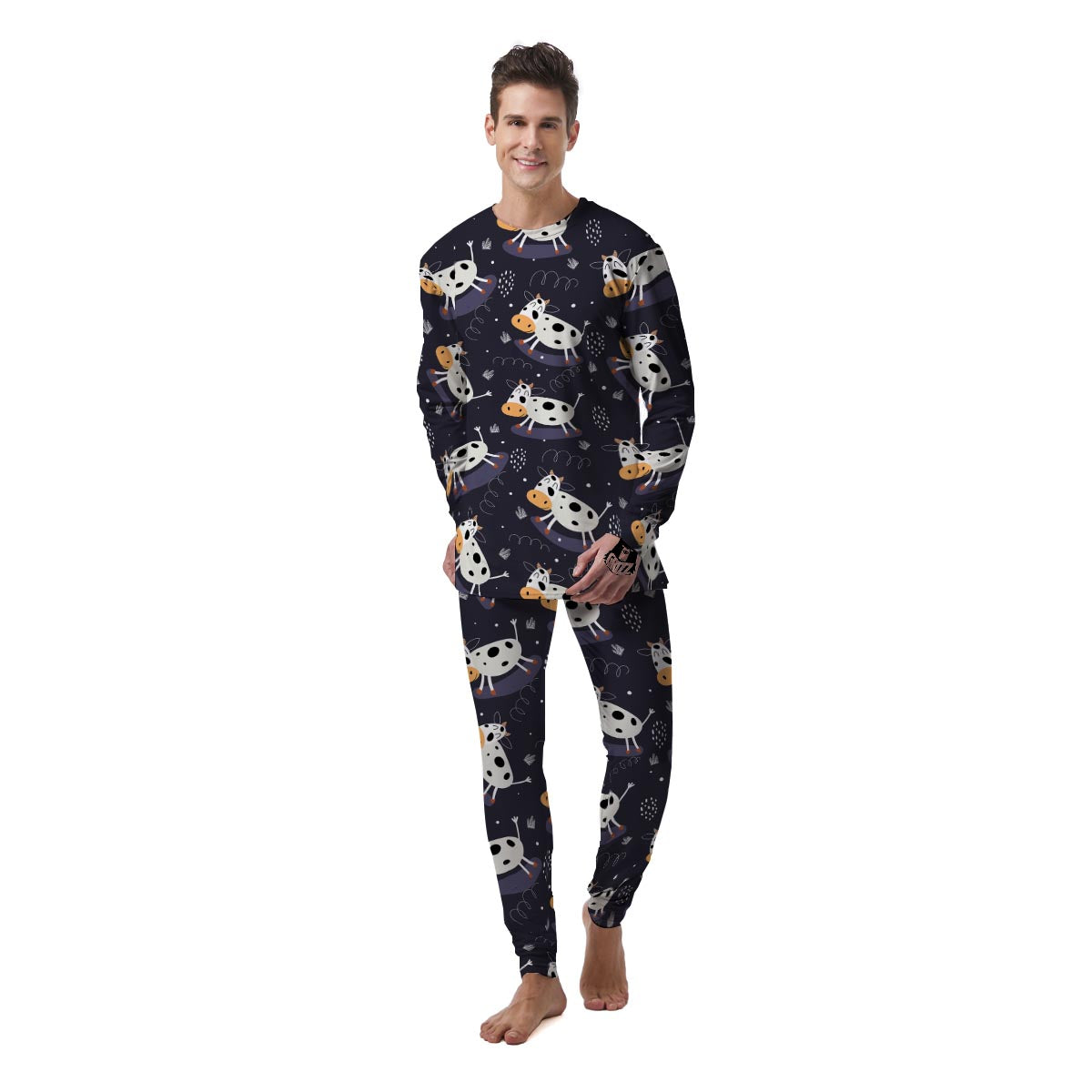 Black Cartoon Cow Print Men's Pajamas-grizzshop