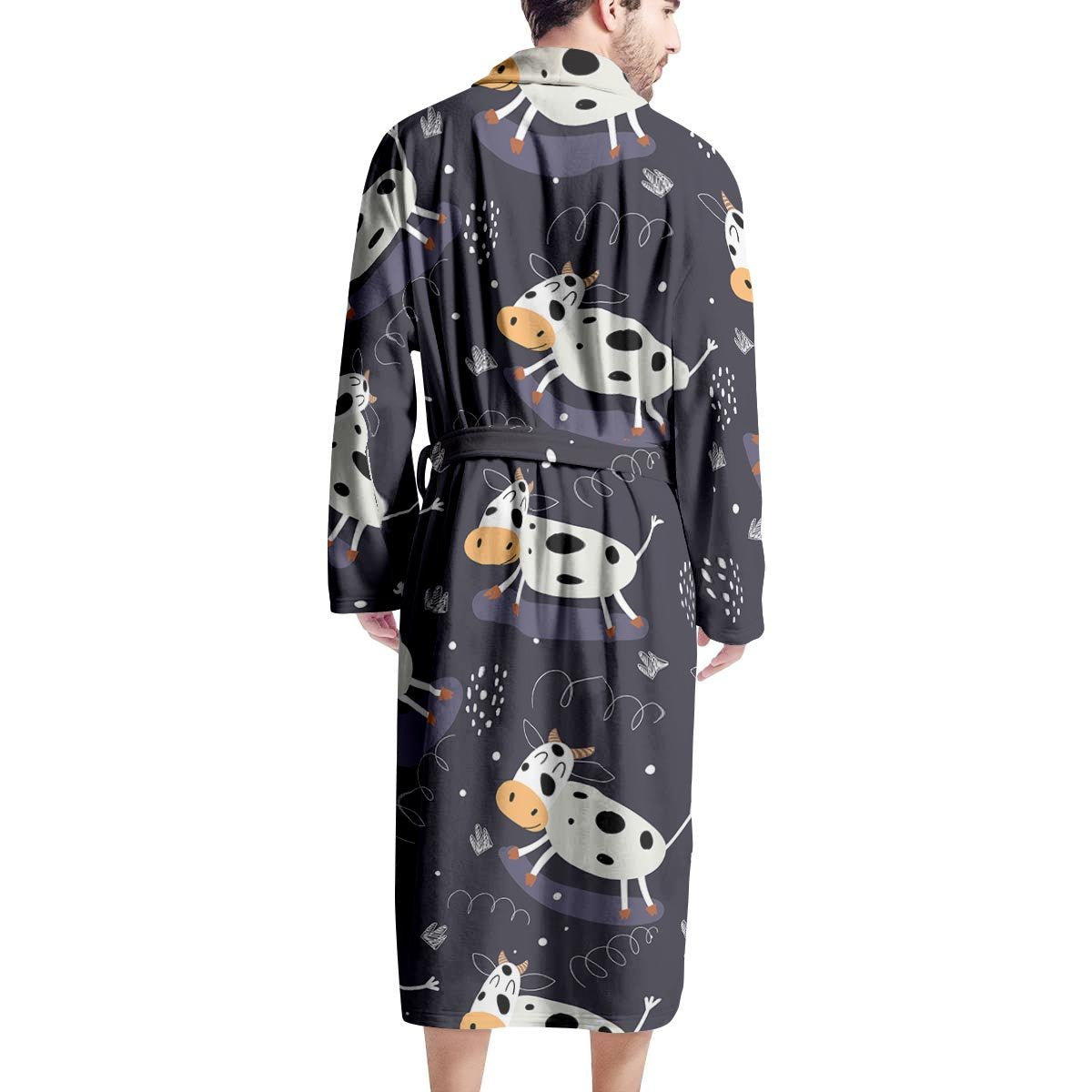 Black Cartoon Cow Print Men's Robe-grizzshop