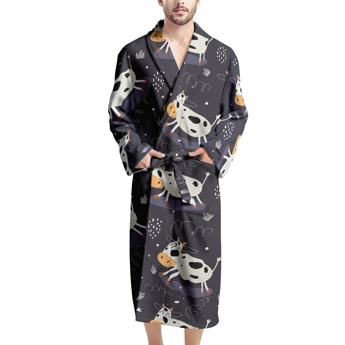 Black Cartoon Cow Print Men's Robe-grizzshop