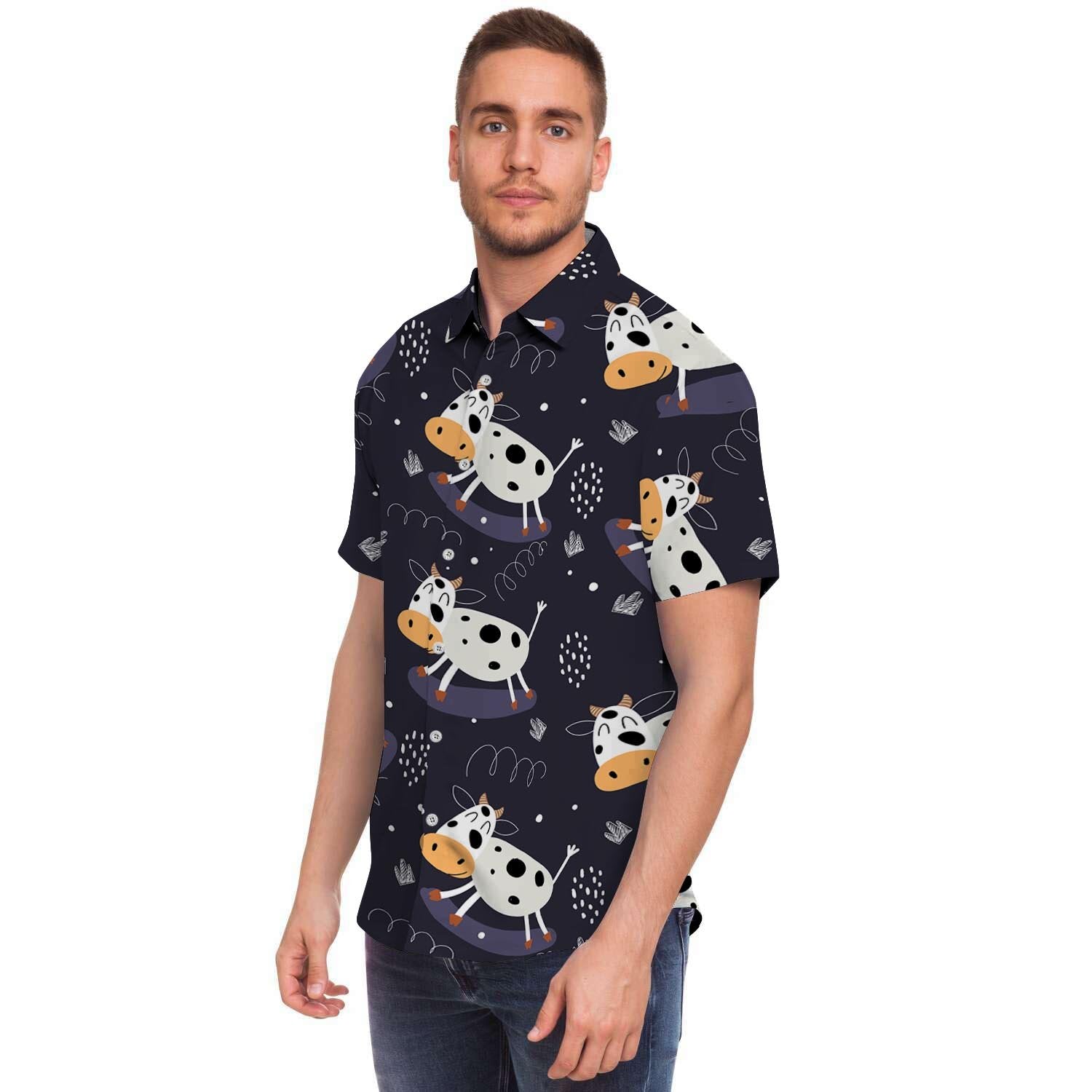 Black Cartoon Cow Print Men's Short Sleeve Shirt-grizzshop