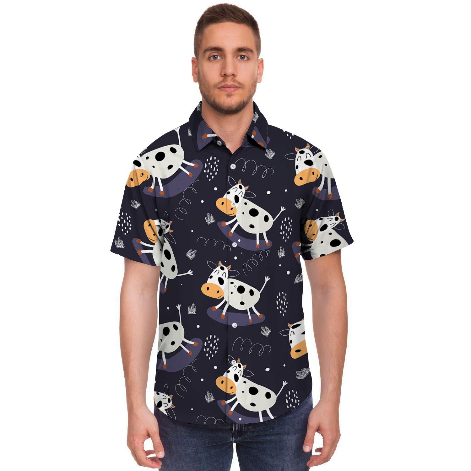 Black Cartoon Cow Print Men's Short Sleeve Shirt-grizzshop