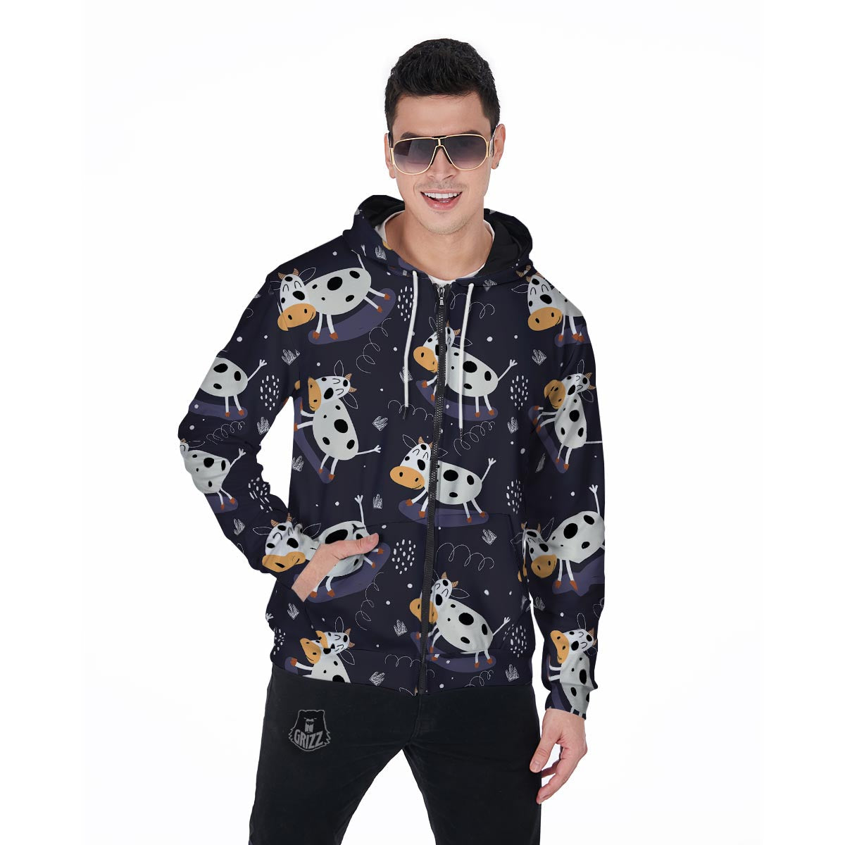 Black Cartoon Cow Print Men's Zip Up Hoodie-grizzshop