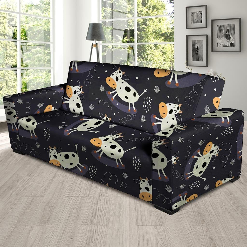 Black Cartoon Cow Print Sofa Cover-grizzshop