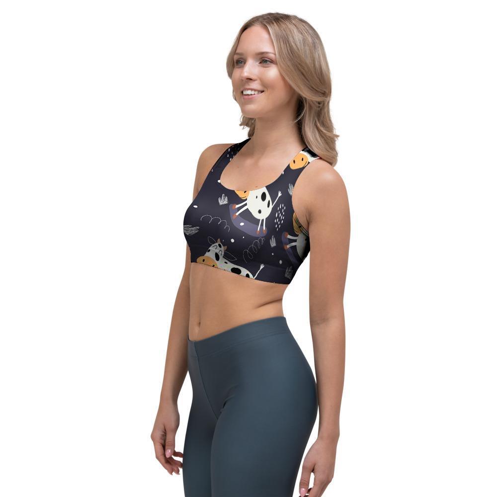 Black Cartoon Cow Print Sports Bra-grizzshop