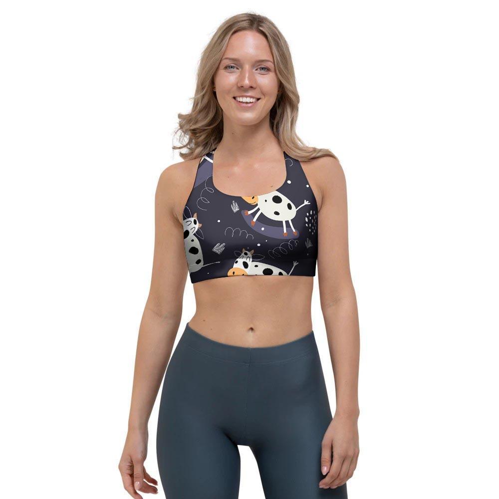 Black Cartoon Cow Print Sports Bra-grizzshop