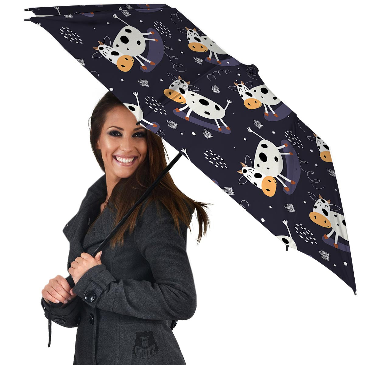 Black Cartoon Cow Print Umbrella-grizzshop