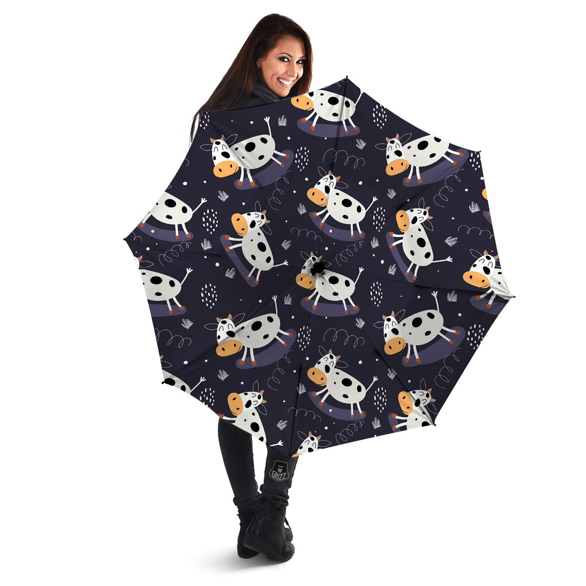 Black Cartoon Cow Print Umbrella-grizzshop