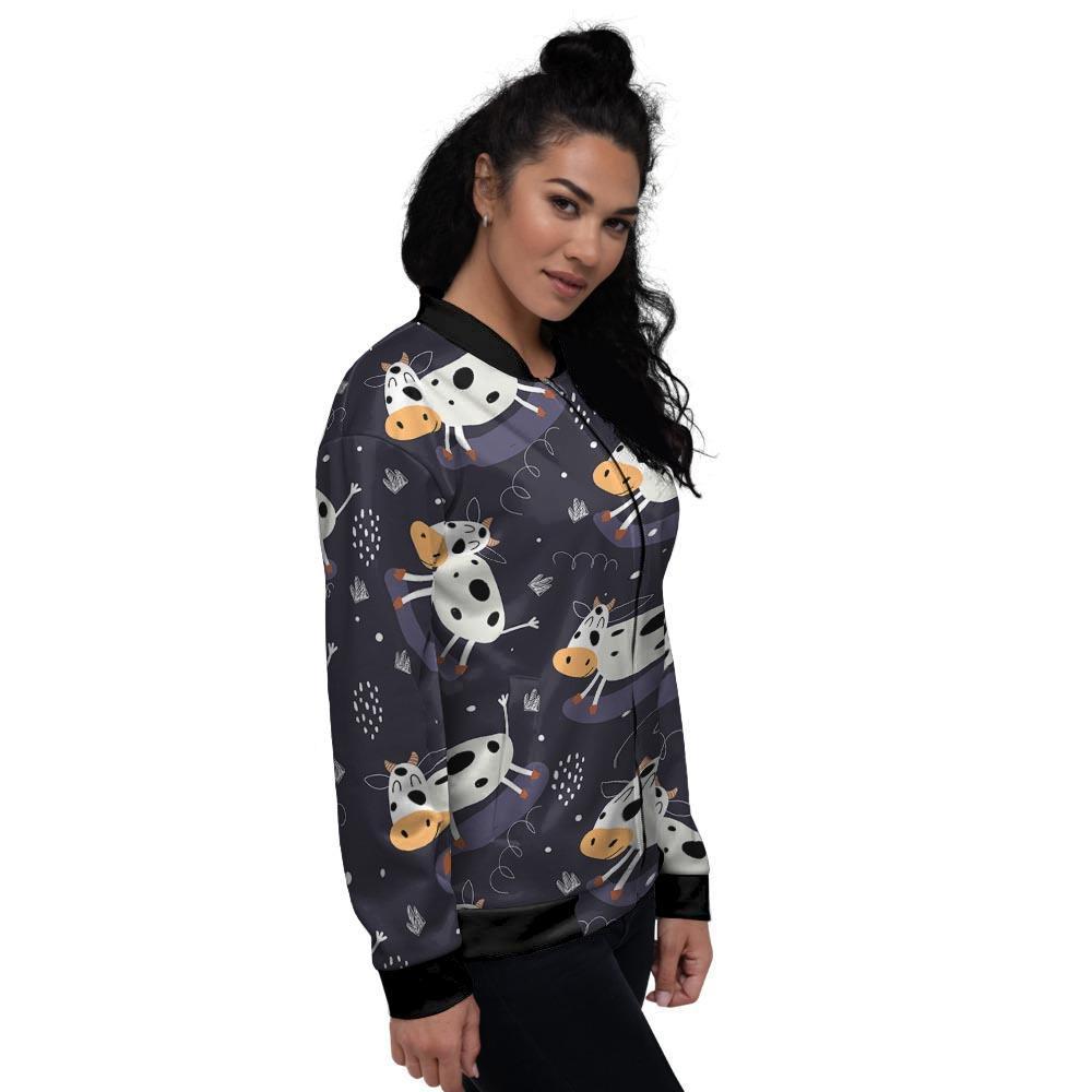 Black Cartoon Cow Print Women's Bomber Jacket-grizzshop
