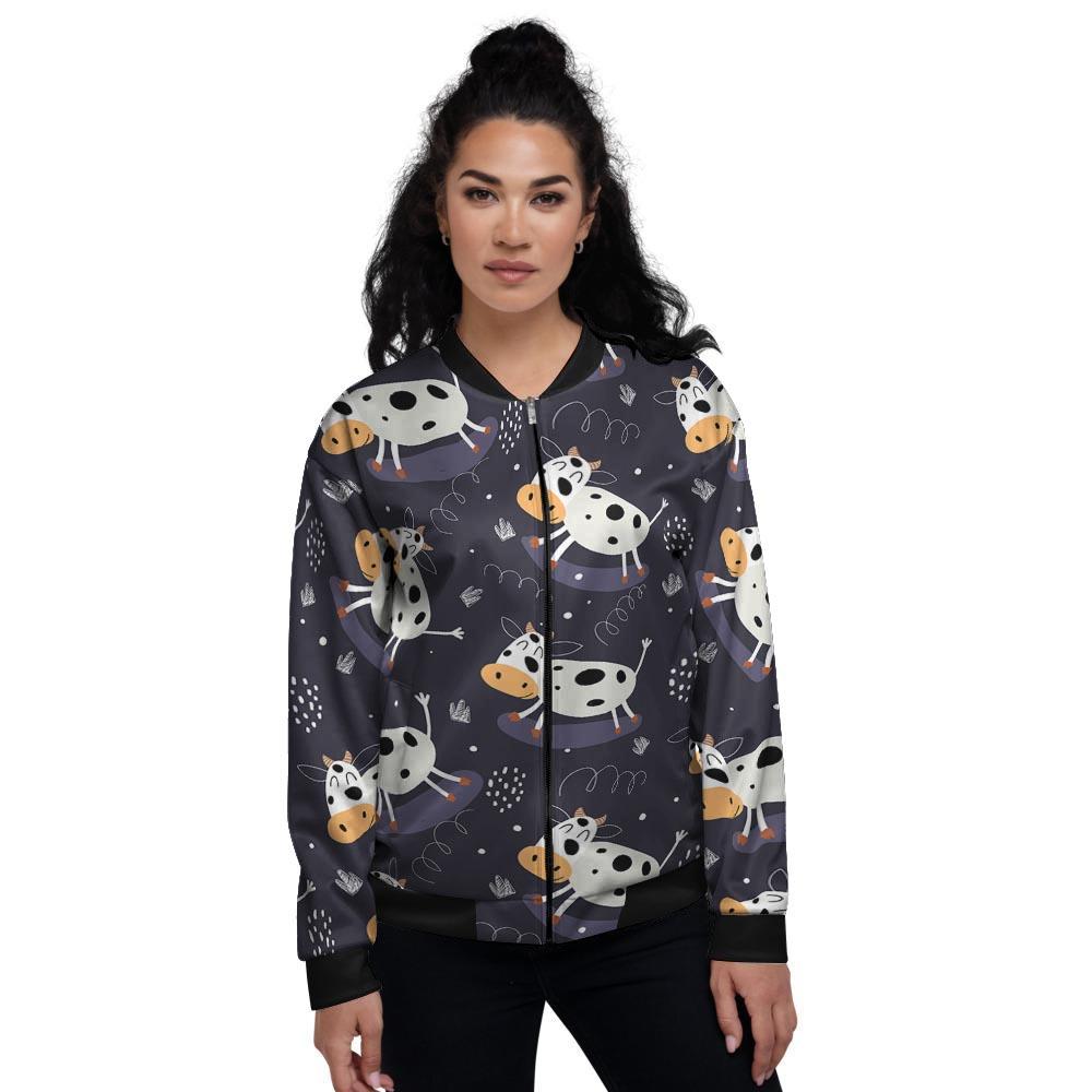 Black Cartoon Cow Print Women's Bomber Jacket-grizzshop