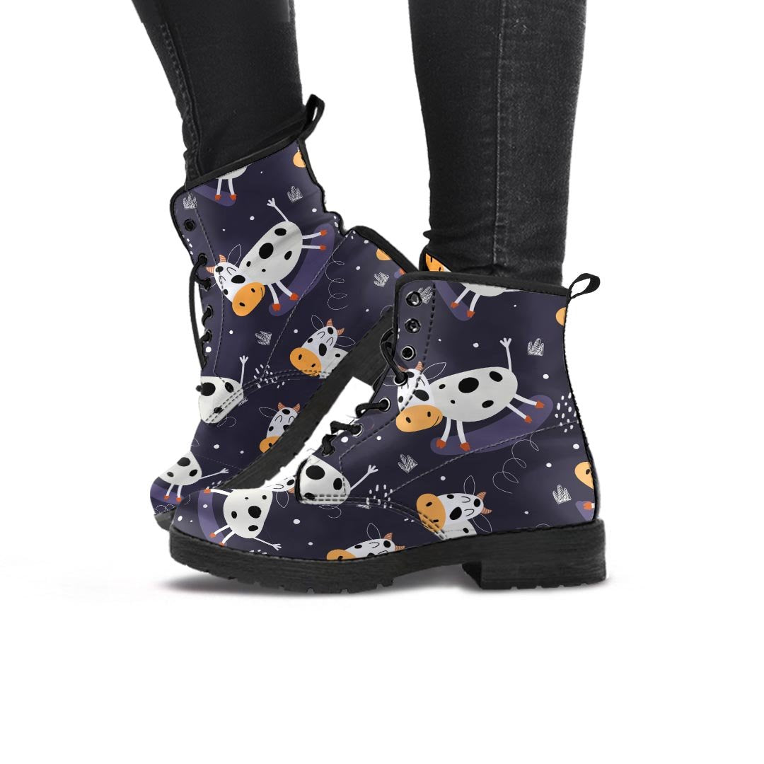Black Cartoon Cow Print Women's Boots-grizzshop