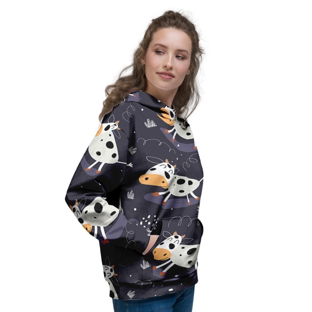 Black Cartoon Cow Print Women's Hoodie-grizzshop