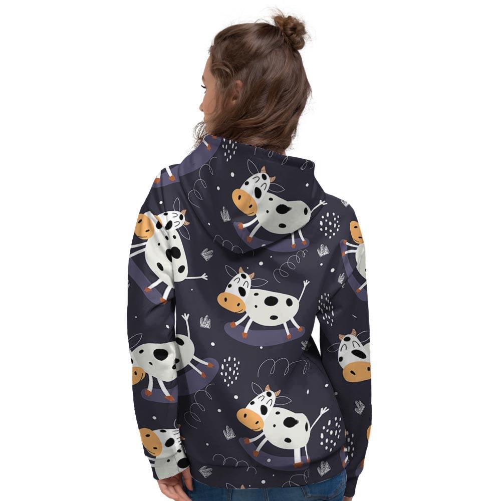 Black Cartoon Cow Print Women's Hoodie-grizzshop