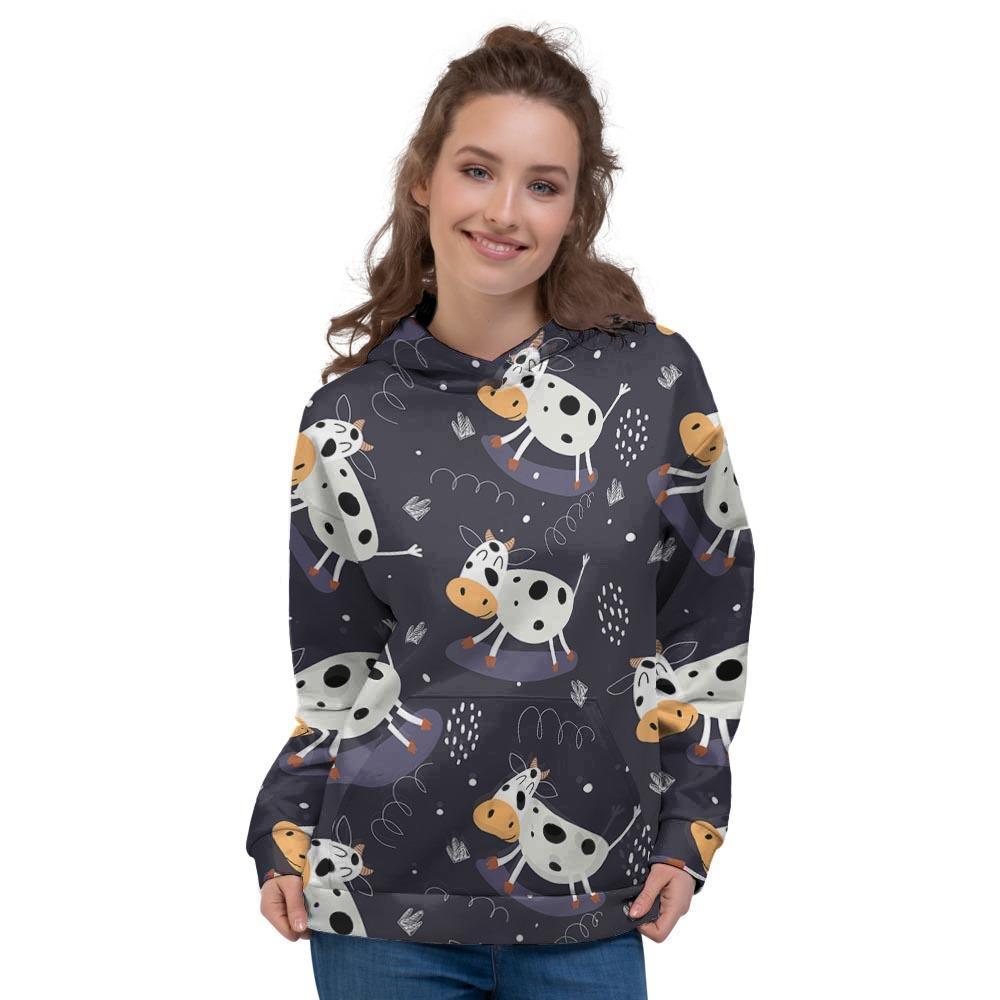 Black Cartoon Cow Print Women's Hoodie-grizzshop