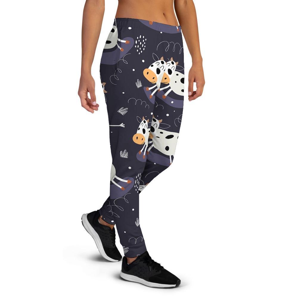 Black Cartoon Cow Print Women's Joggers-grizzshop