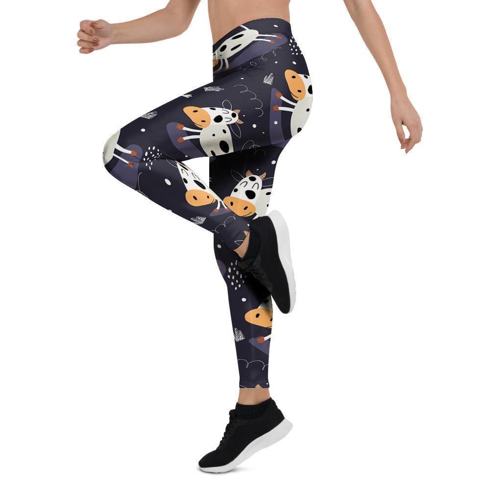 Black Cartoon Cow Print Women's Leggings-grizzshop