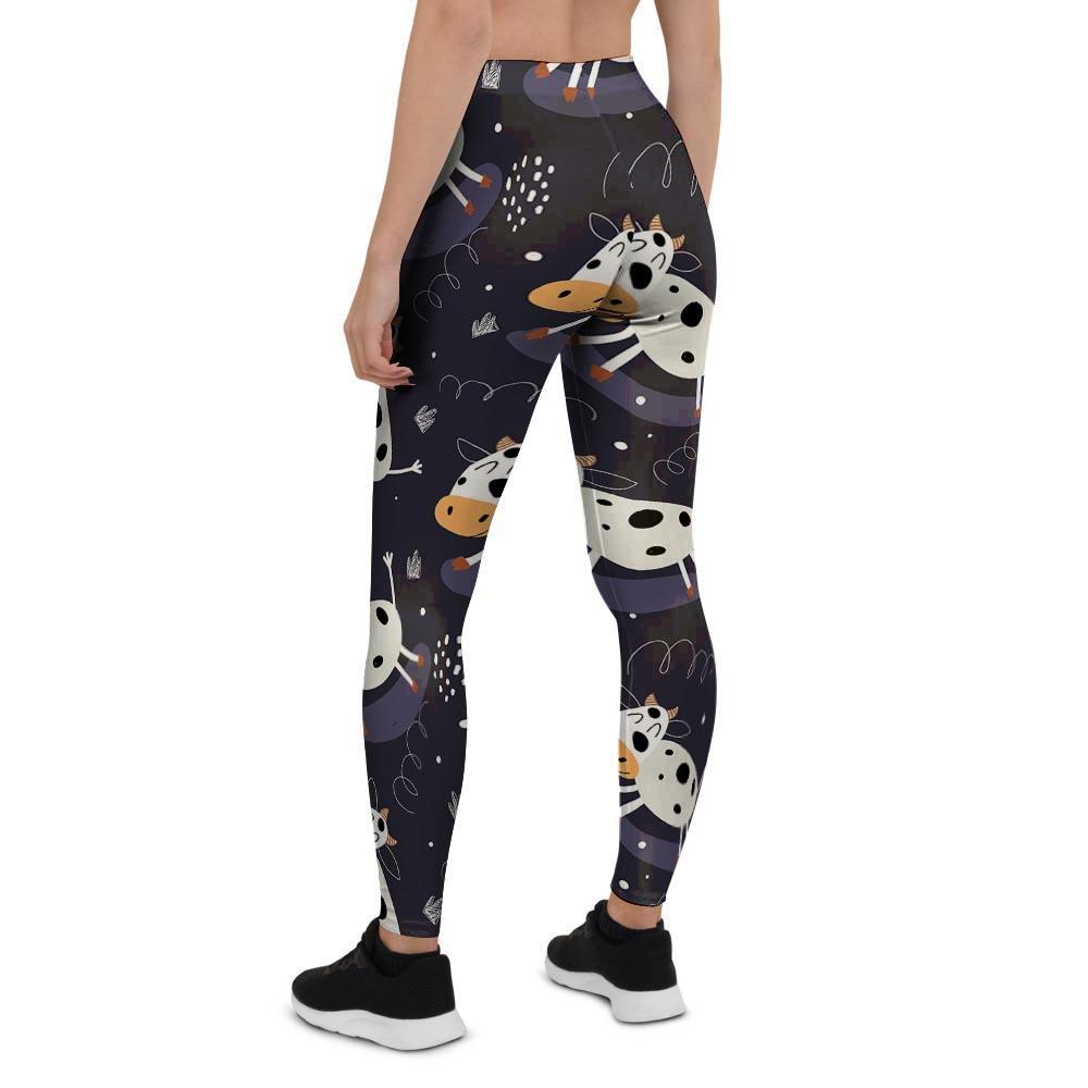 Black Cartoon Cow Print Women's Leggings-grizzshop