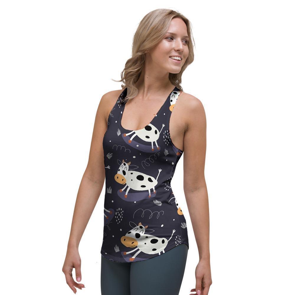 Black Cartoon Cow Print Women's Racerback Tank Top-grizzshop