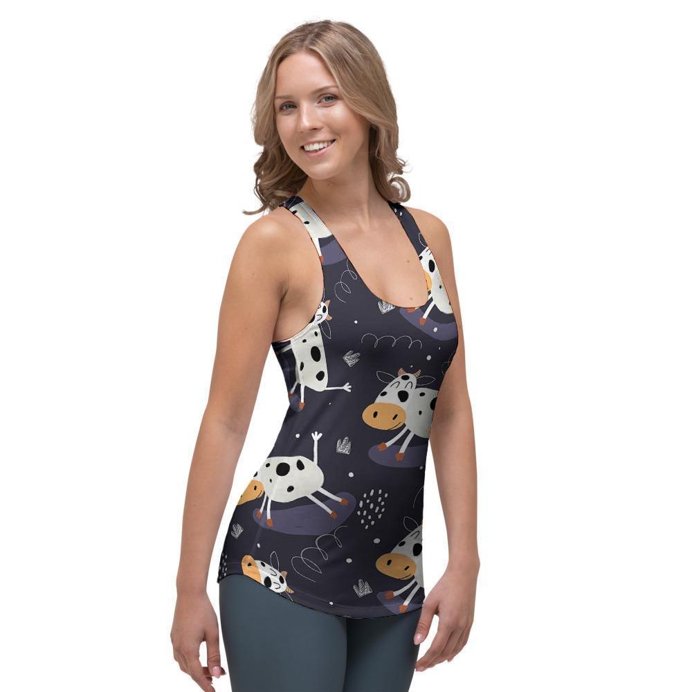 Black Cartoon Cow Print Women's Racerback Tank Top-grizzshop