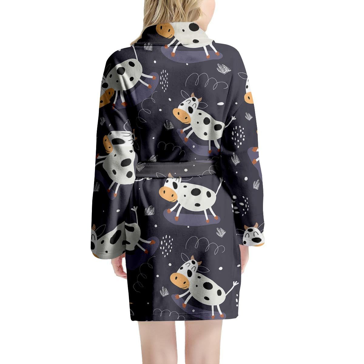 Black Cartoon Cow Print Women's Robe-grizzshop