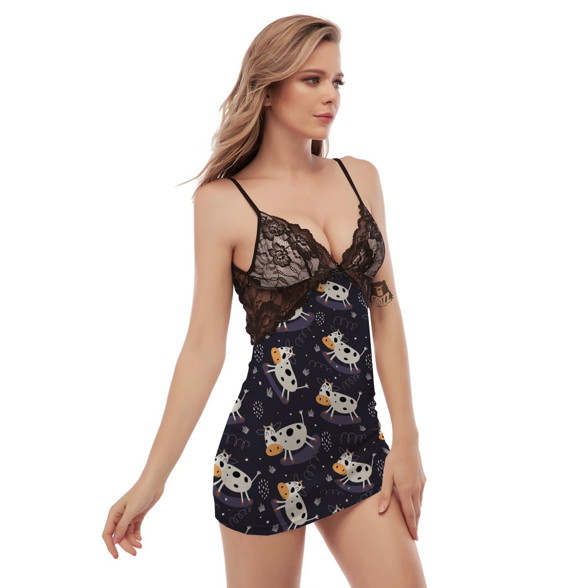 Black Cartoon Cow Print Women's Sexy Night Dress-grizzshop