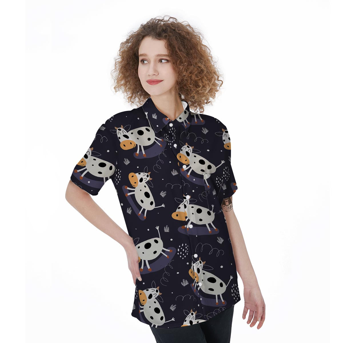 Black Cartoon Cow Print Women's Short Sleeve Shirts-grizzshop