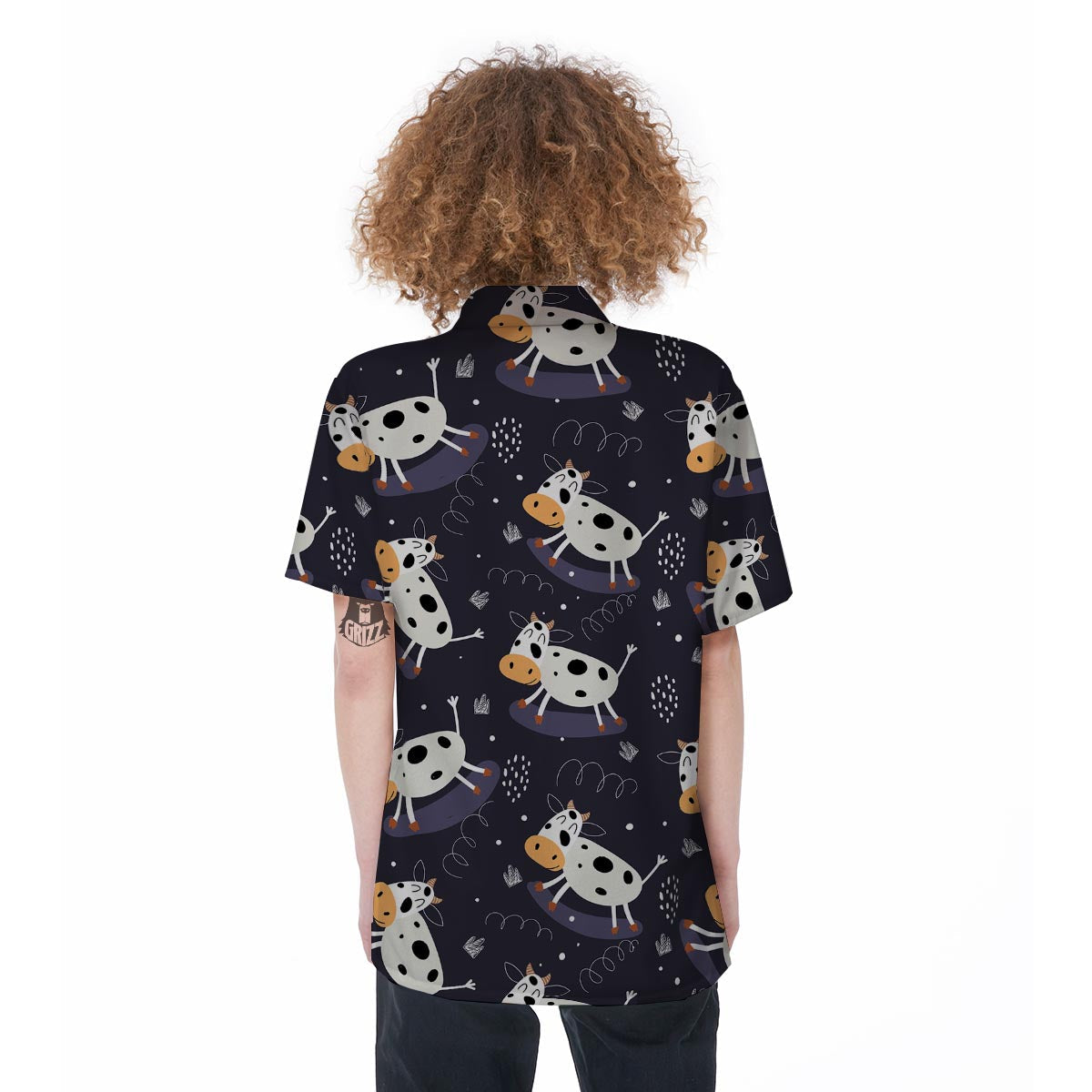 Black Cartoon Cow Print Women's Short Sleeve Shirts-grizzshop