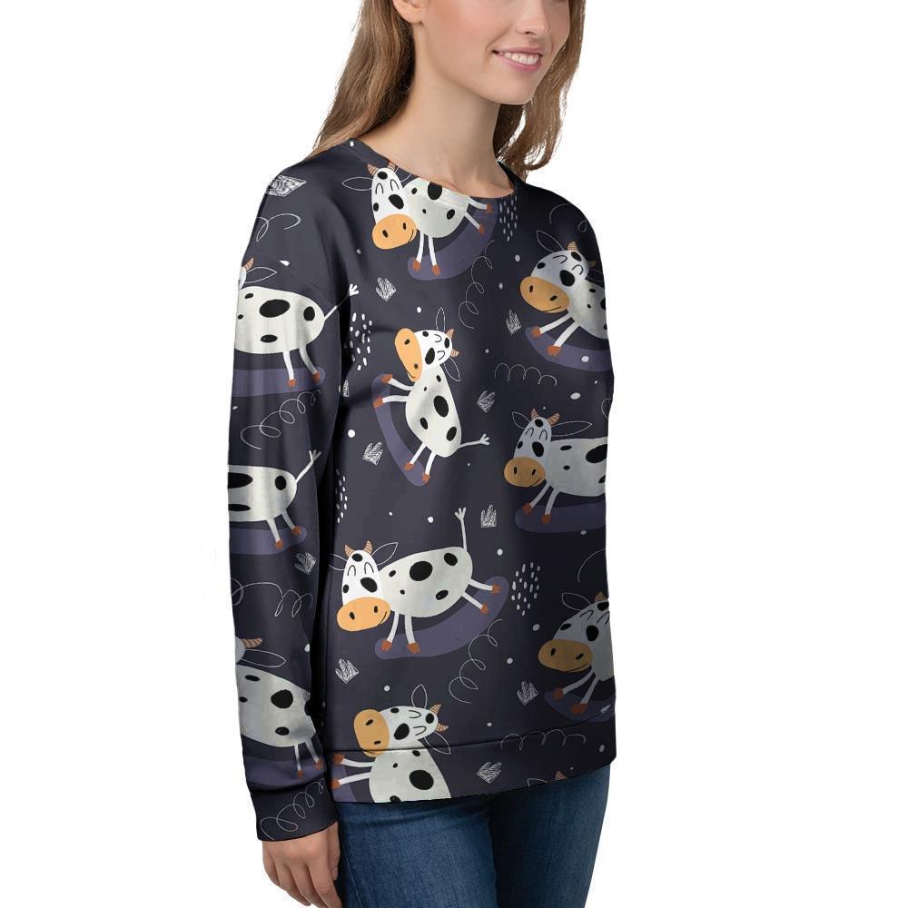 Black Cartoon Cow Print Women's Sweatshirt-grizzshop