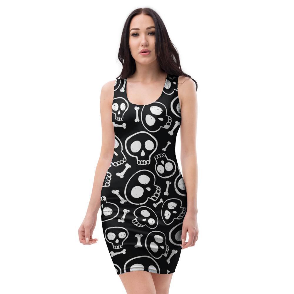 Black Cartoon Skull Bodycon Dress-grizzshop