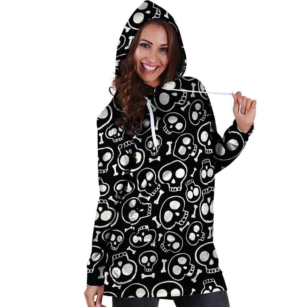 Black Cartoon Skull Hoodie Dress-grizzshop